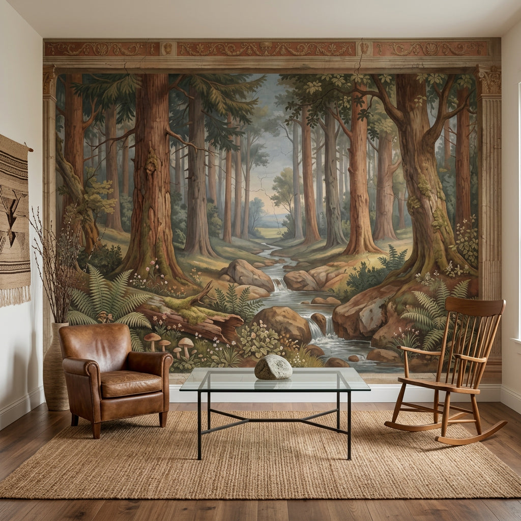 Forest Landscape Mural Wallpaper Stream And Waterfall Tall Trees Removable Wall Decor