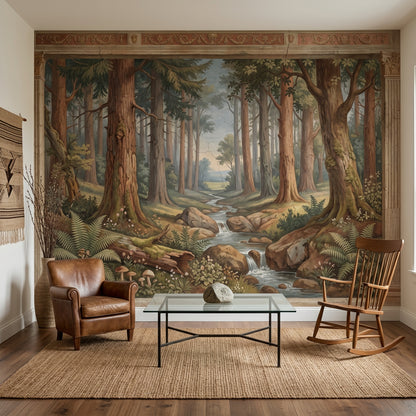 Forest Landscape Mural Wallpaper Stream And Waterfall Tall Trees Removable Wall Decor