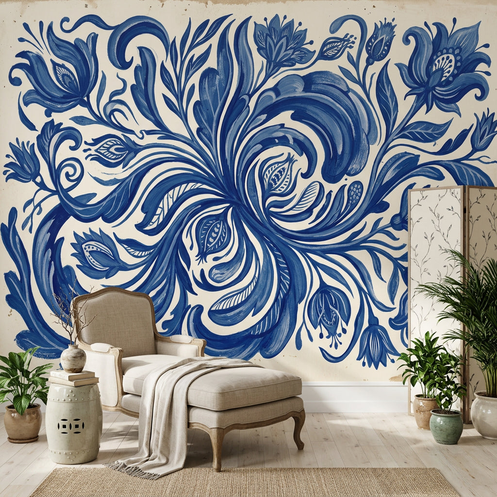 Blue And White Wallpaper Floral Scrollwork Removable Delft Inspired Wall Decor