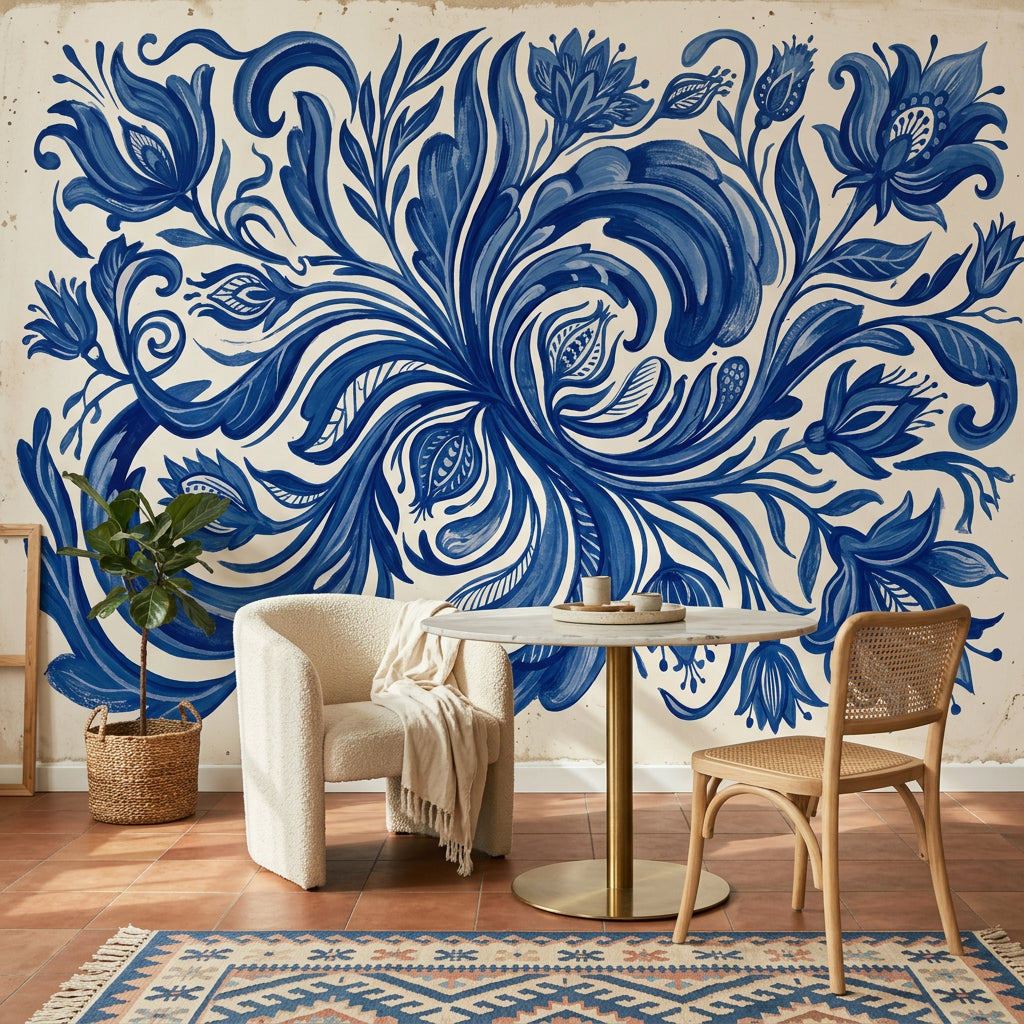 Blue And White Wallpaper Floral Scrollwork Removable Delft Inspired Wall Decor