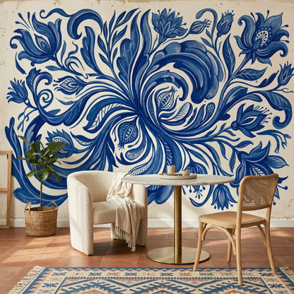 Blue And White Wallpaper Floral Scrollwork Removable Delft Inspired Wall Decor