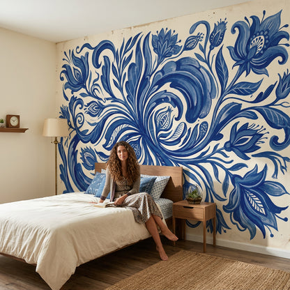 Blue And White Wallpaper Floral Scrollwork Removable Delft Inspired Wall Decor