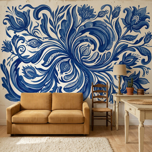Blue And White Wallpaper Floral Scrollwork Removable Delft Inspired Wall Decor