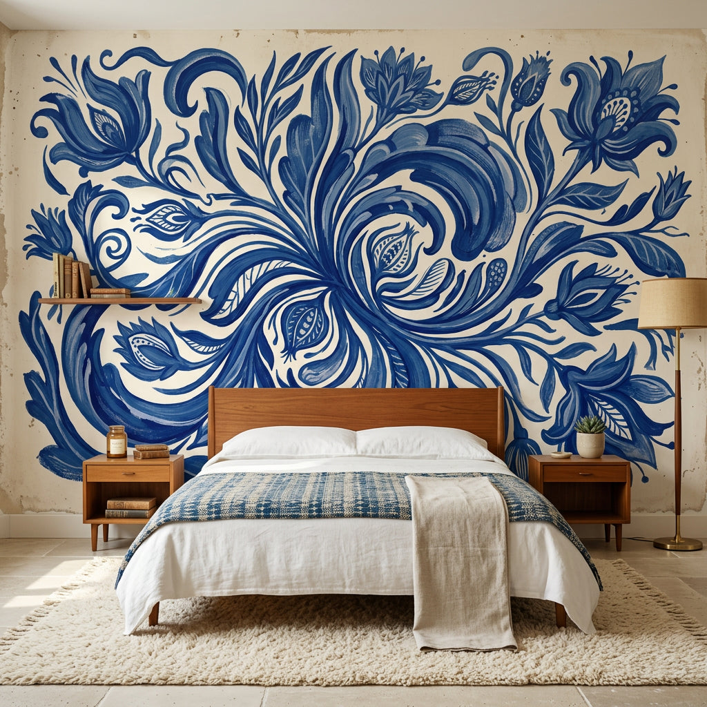 Blue And White Wallpaper Floral Scrollwork Removable Delft Inspired Wall Decor