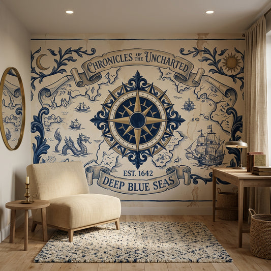 Vintage Nautical Map Wallpaper Compass Rose Sailing Ships Removable Wall Decor
