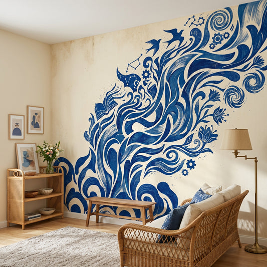 Swirling Waves Wallpaper Birds Gears Wall Mural