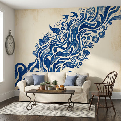 Swirling Waves Wallpaper Birds Gears Wall Mural