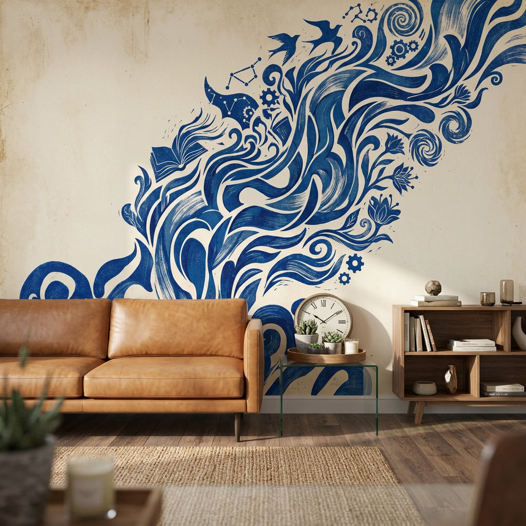 Swirling Waves Wallpaper Birds Gears Wall Mural
