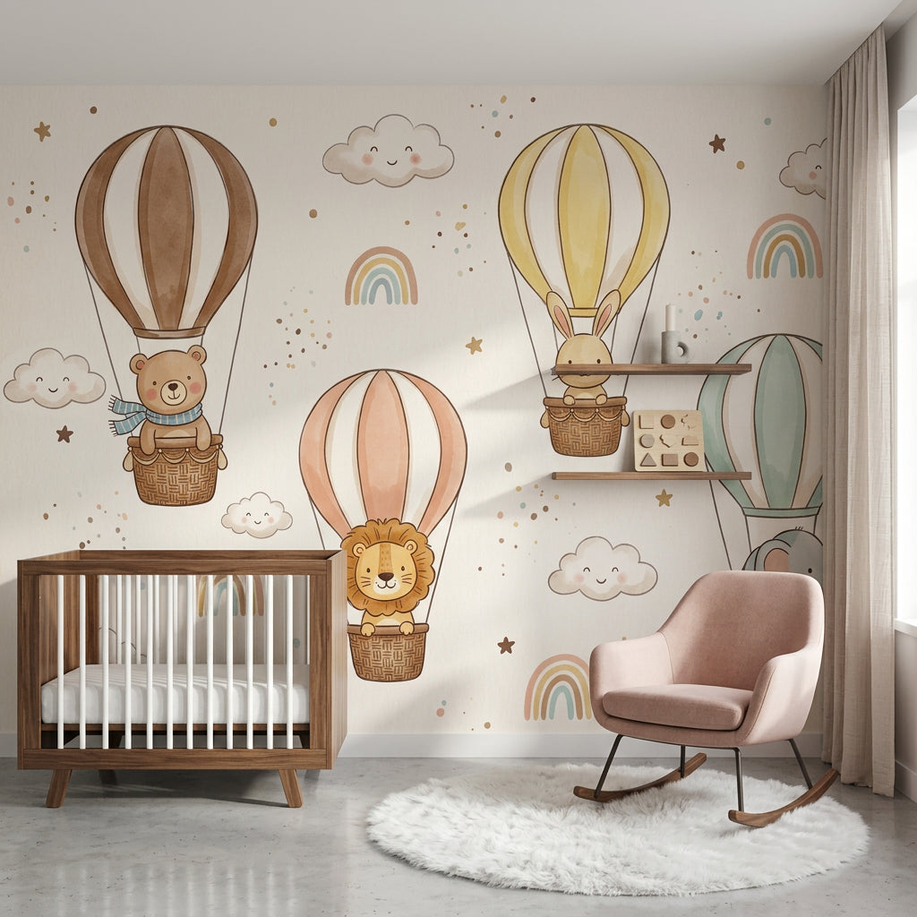 Nursery Wallpaper Hot Air Balloons Cute Animals Removable Wall Decor