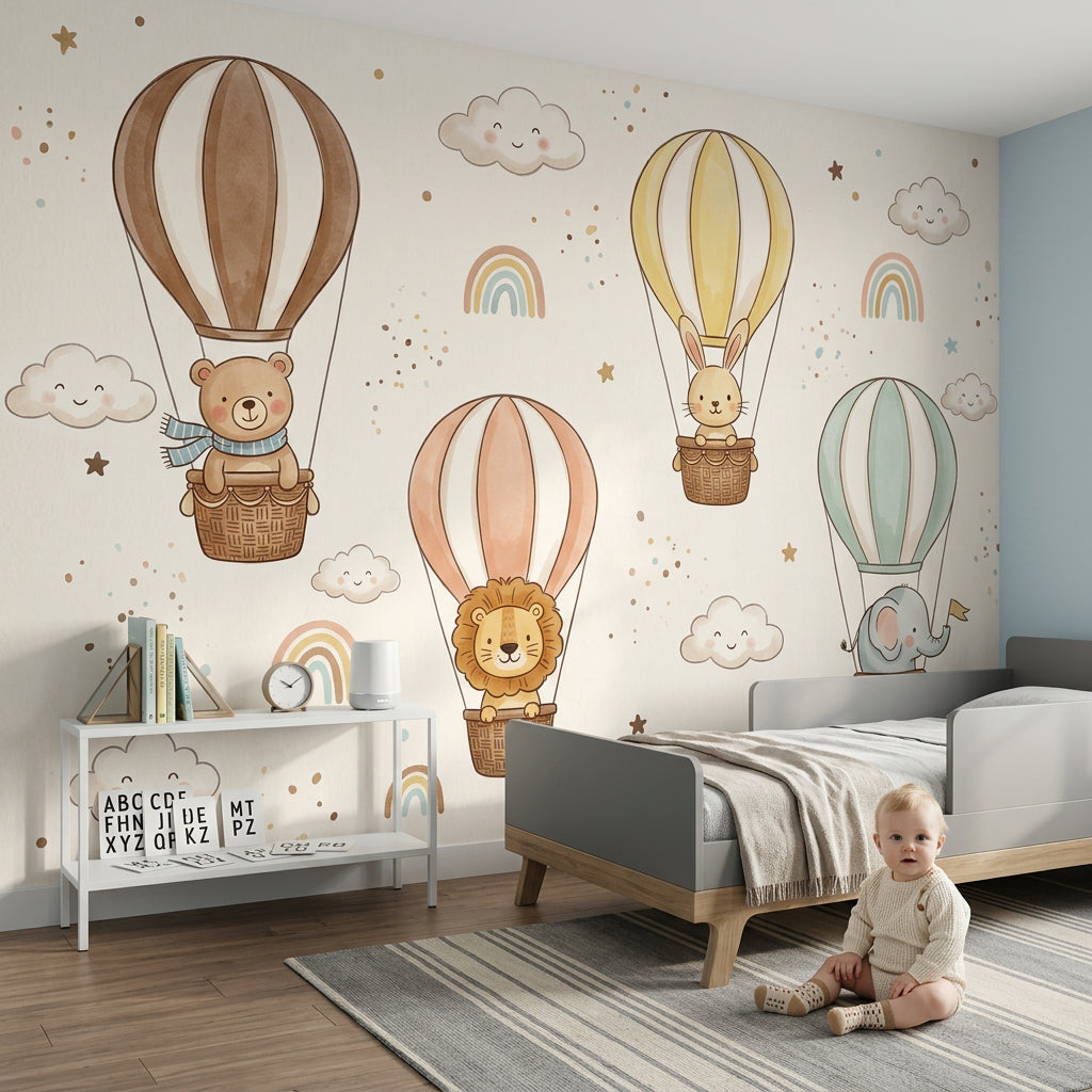 Nursery Wallpaper Hot Air Balloons Cute Animals Removable Wall Decor