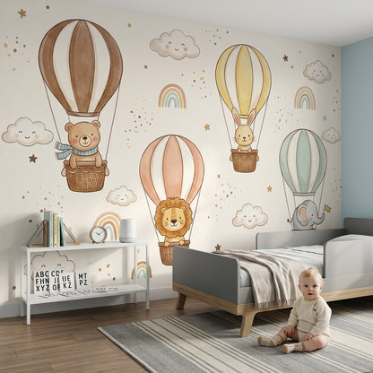 Nursery Wallpaper Hot Air Balloons Cute Animals Removable Wall Decor