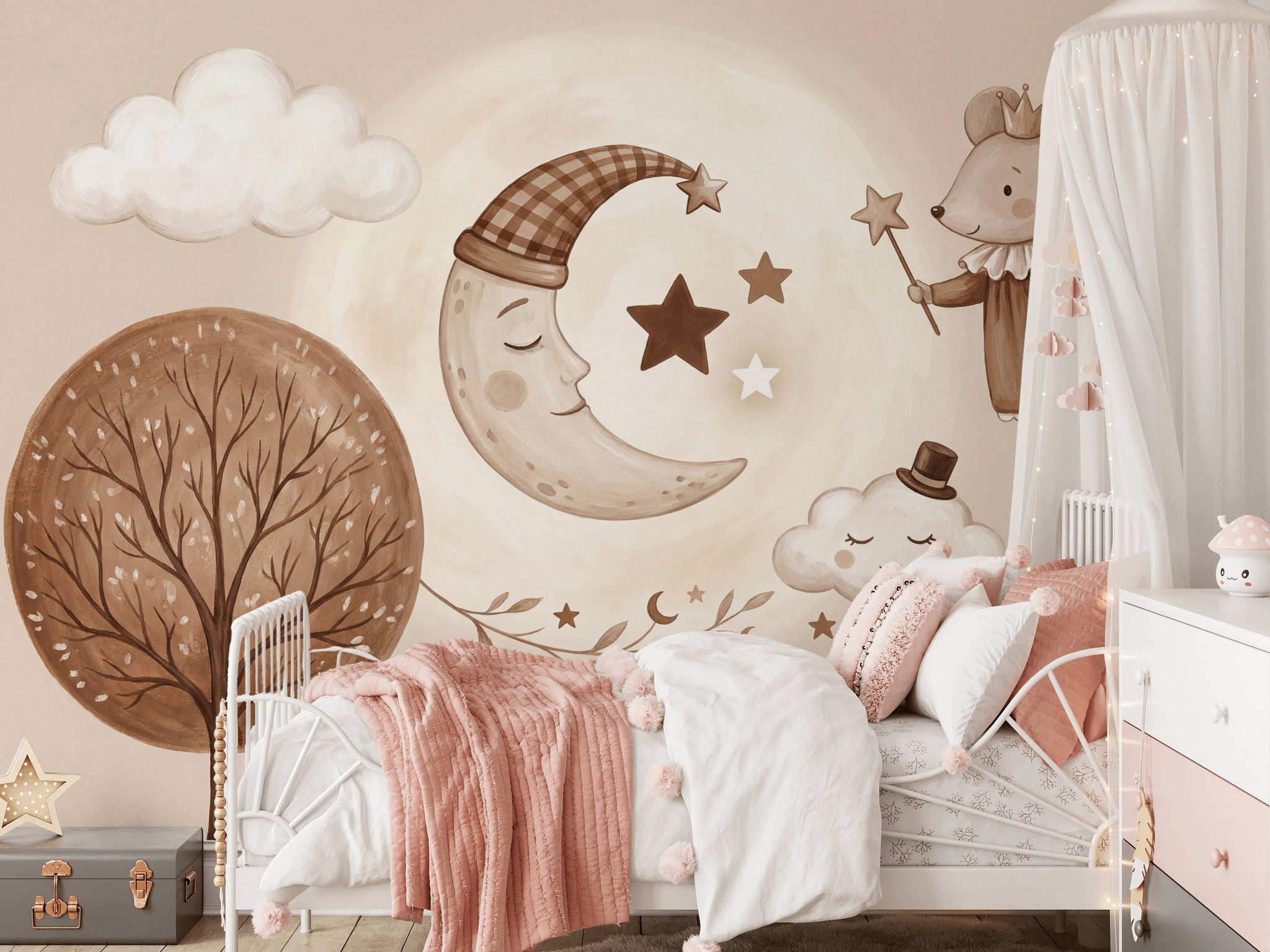 Beige Clouds Wallpaper Dreamy Nursery Moon And Stars Removable Wall Decor