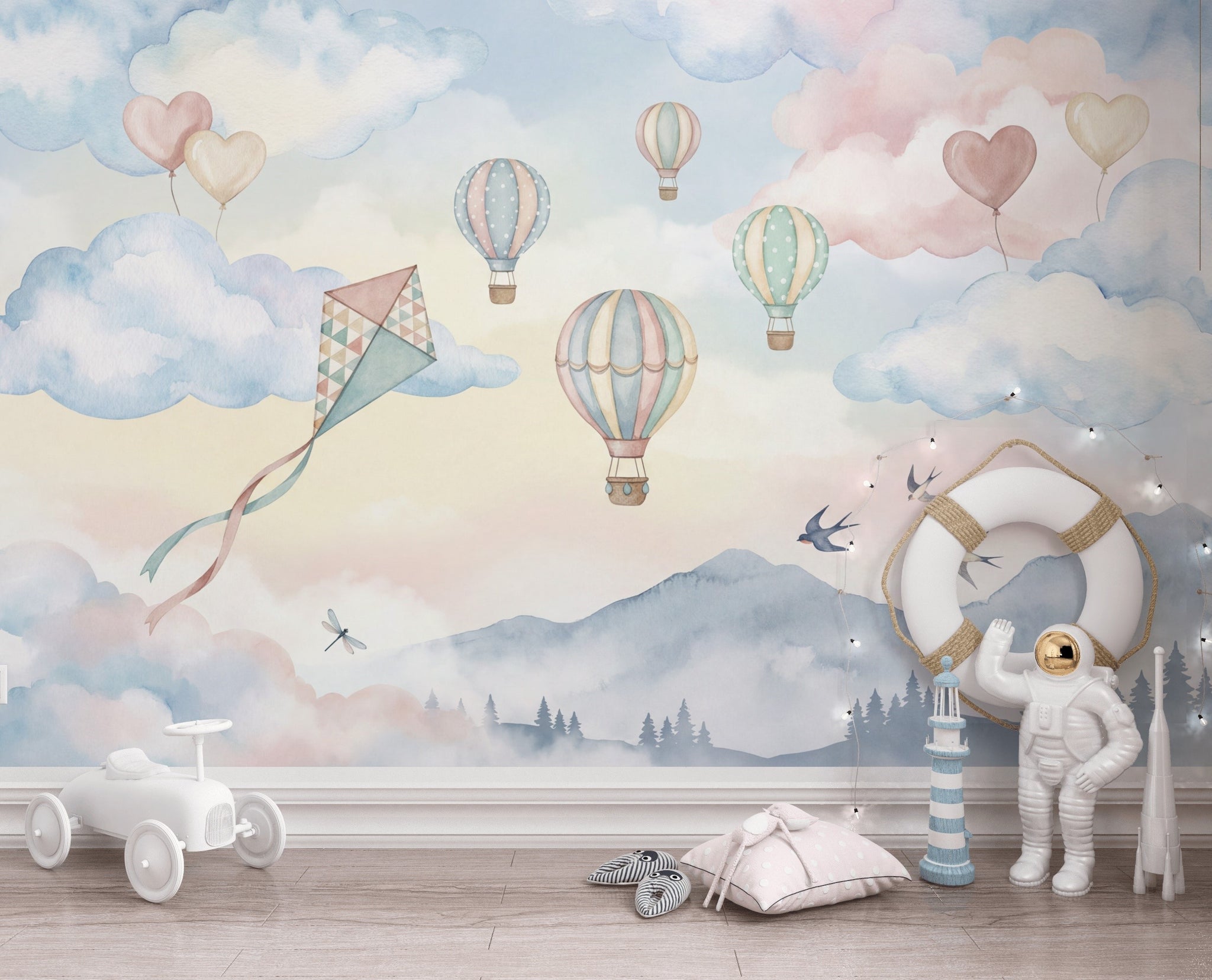 Pastel Watercolor Wallpaper Hot Air Balloons Soft Sky Wall Mural