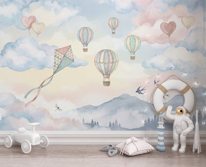Pastel Watercolor Wallpaper Hot Air Balloons Soft Sky Wall Mural