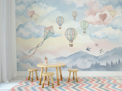 Pastel Watercolor Wallpaper Hot Air Balloons Soft Sky Wall Mural