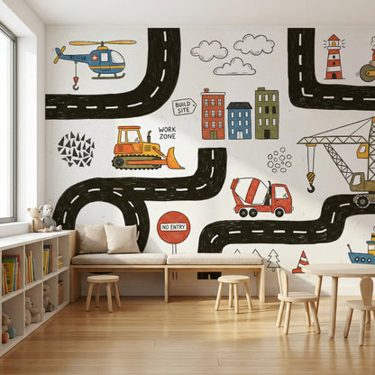 White Background Wallpaper Construction Vehicles Kids Road Map Removable Wall Decor