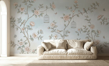 Chinoiserie Inspired Wallpaper Floral Branches Peacock Wall Mural