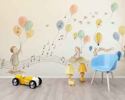 Pastel Balloons Wallpaper Musical Notes Removable Whimsical Nursery Wall Decor
