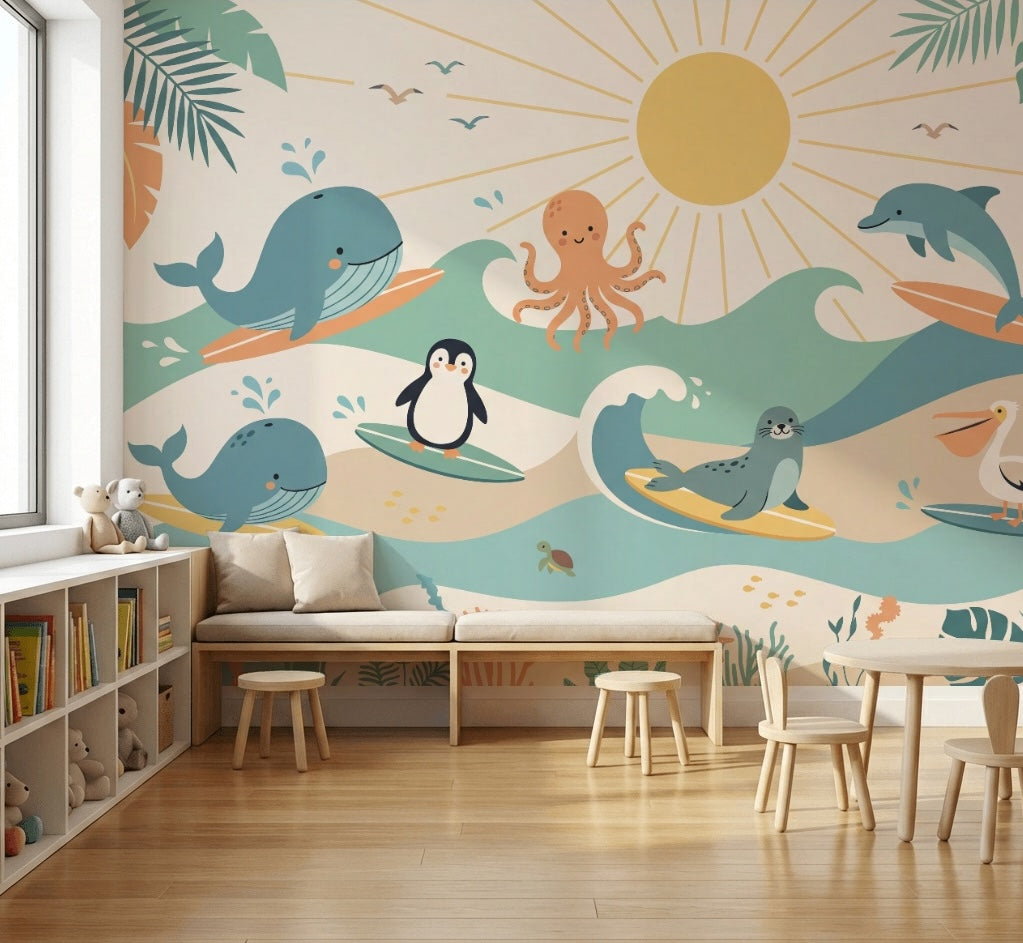 White Background Wallpaper Ocean Animals Pastel Removable Wall Decor