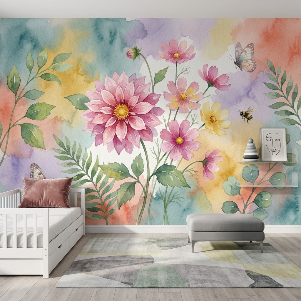 Watercolor Floral Wallpaper Pink Dahlia Cosmos Flowers Wall Mural