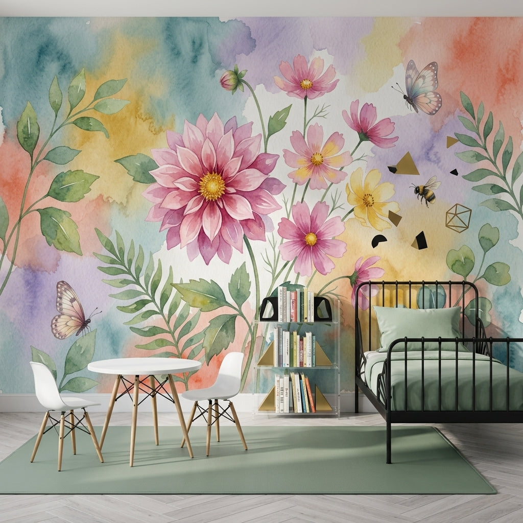 Watercolor Floral Wallpaper Pink Dahlia Cosmos Flowers Wall Mural