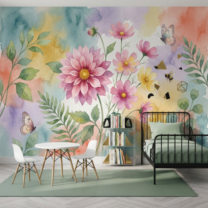 Watercolor Floral Wallpaper Pink Dahlia Cosmos Flowers Wall Mural
