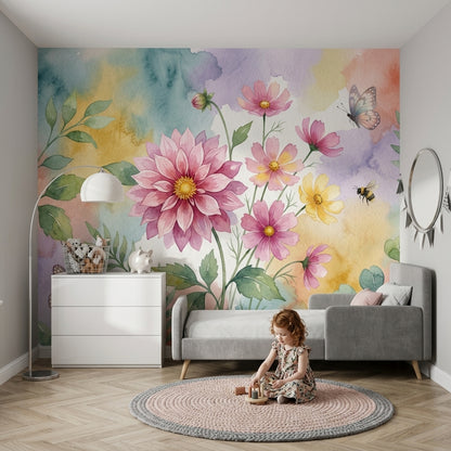 Watercolor Floral Wallpaper Pink Dahlia Cosmos Flowers Wall Mural