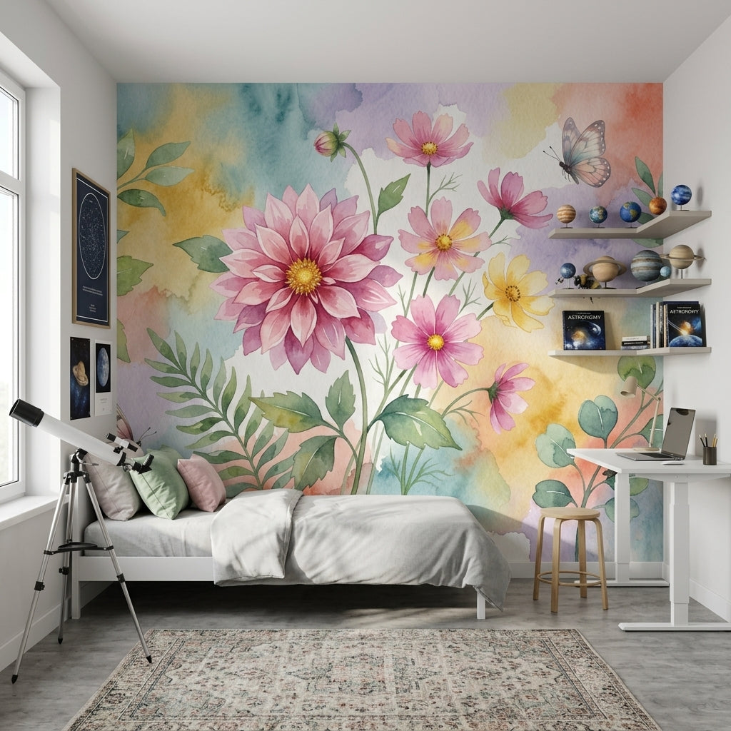 Watercolor Floral Wallpaper Pink Dahlia Cosmos Flowers Wall Mural