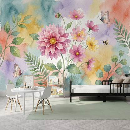 Watercolor Floral Wallpaper Pink Dahlia Cosmos Flowers Wall Mural
