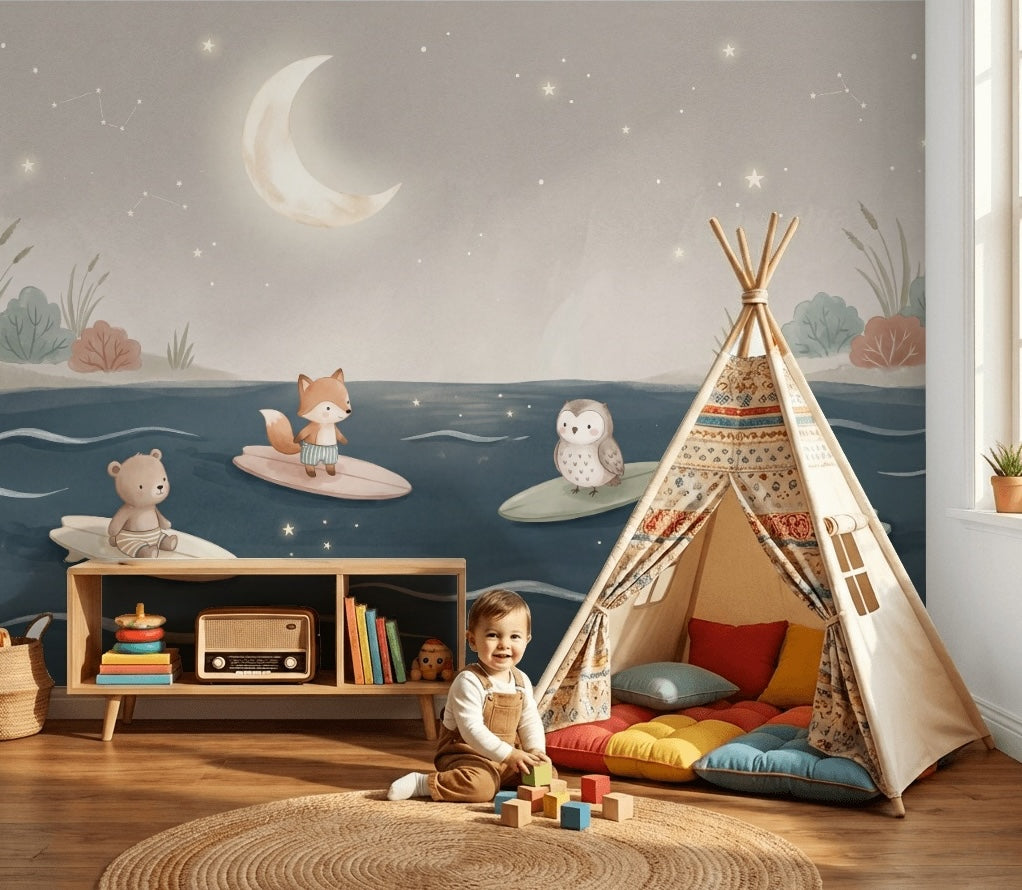 Muted Green Wallpaper Night Sky Ocean Wall Mural