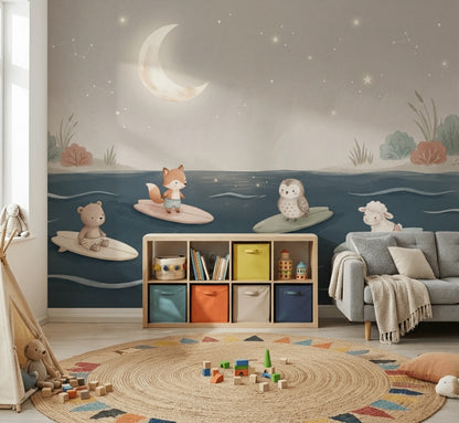 Muted Green Wallpaper Night Sky Ocean Wall Mural
