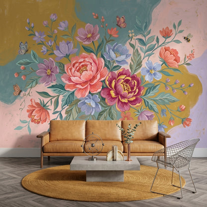 Floral Bouquet Wallpaper Peony Flowers Pastel Background Removable Wall Decor