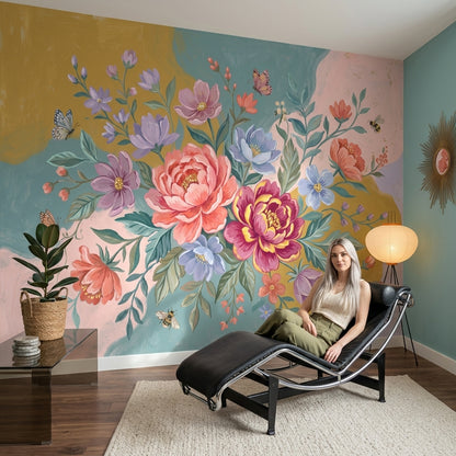 Floral Bouquet Wallpaper Peony Flowers Pastel Background Removable Wall Decor