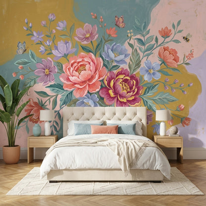Floral Bouquet Wallpaper Peony Flowers Pastel Background Removable Wall Decor