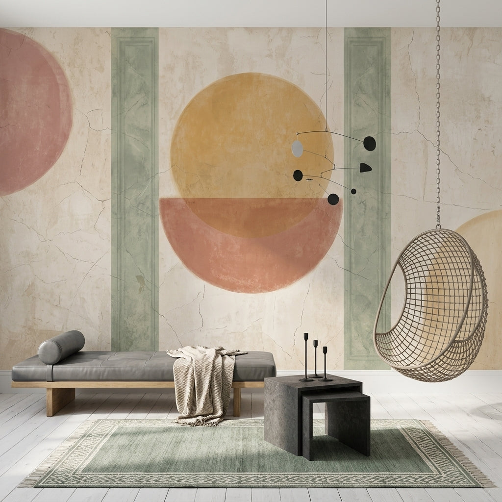 Abstract Geometric Wallpaper Circles Removable Sage Green Columns Wall Decor