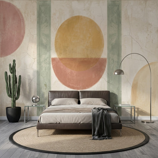 Abstract Geometric Wallpaper Circles Removable Sage Green Columns Wall Decor