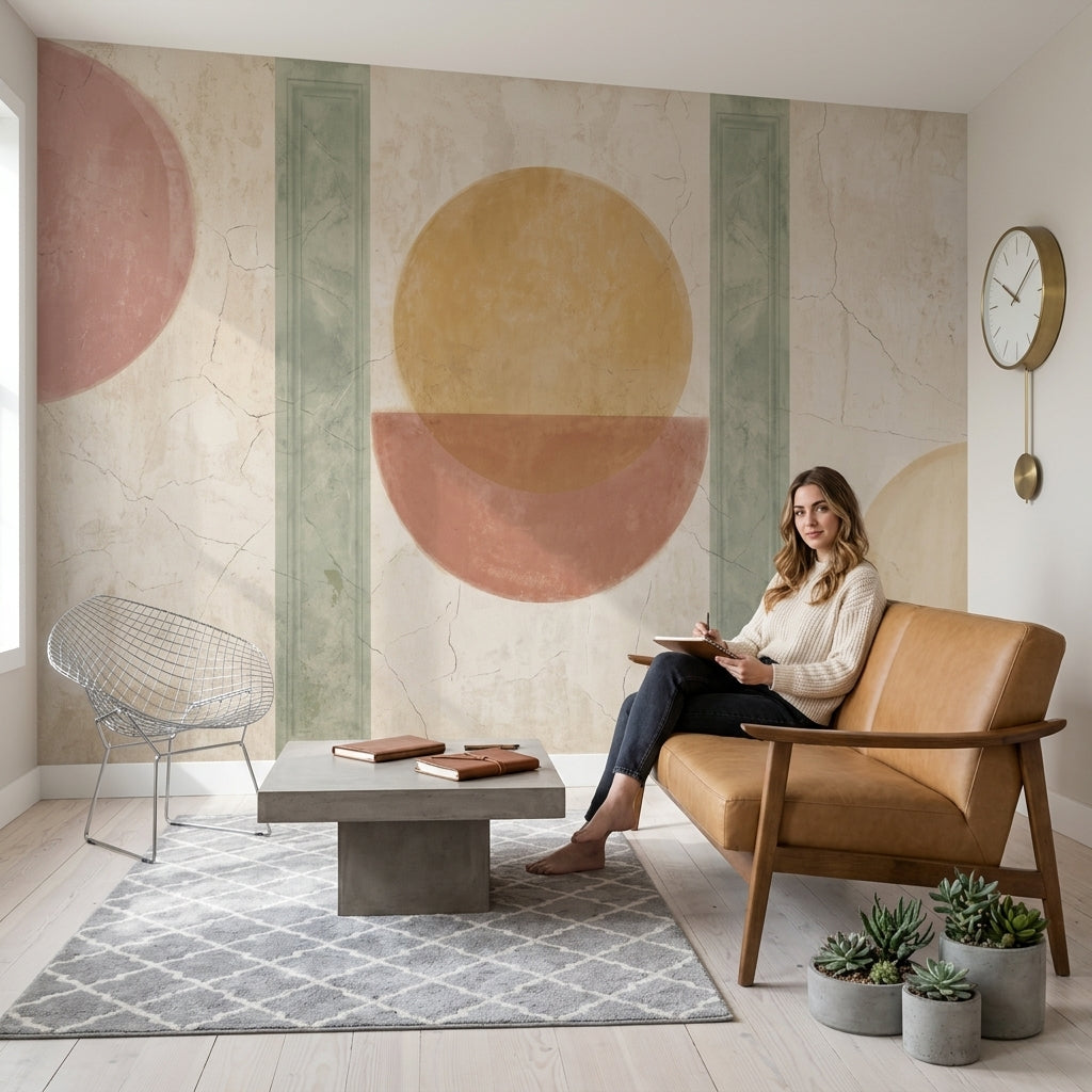Abstract Geometric Wallpaper Circles Removable Sage Green Columns Wall Decor