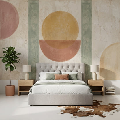 Abstract Geometric Wallpaper Circles Removable Sage Green Columns Wall Decor