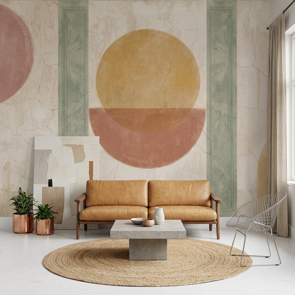 Abstract Geometric Wallpaper Circles Removable Sage Green Columns Wall Decor