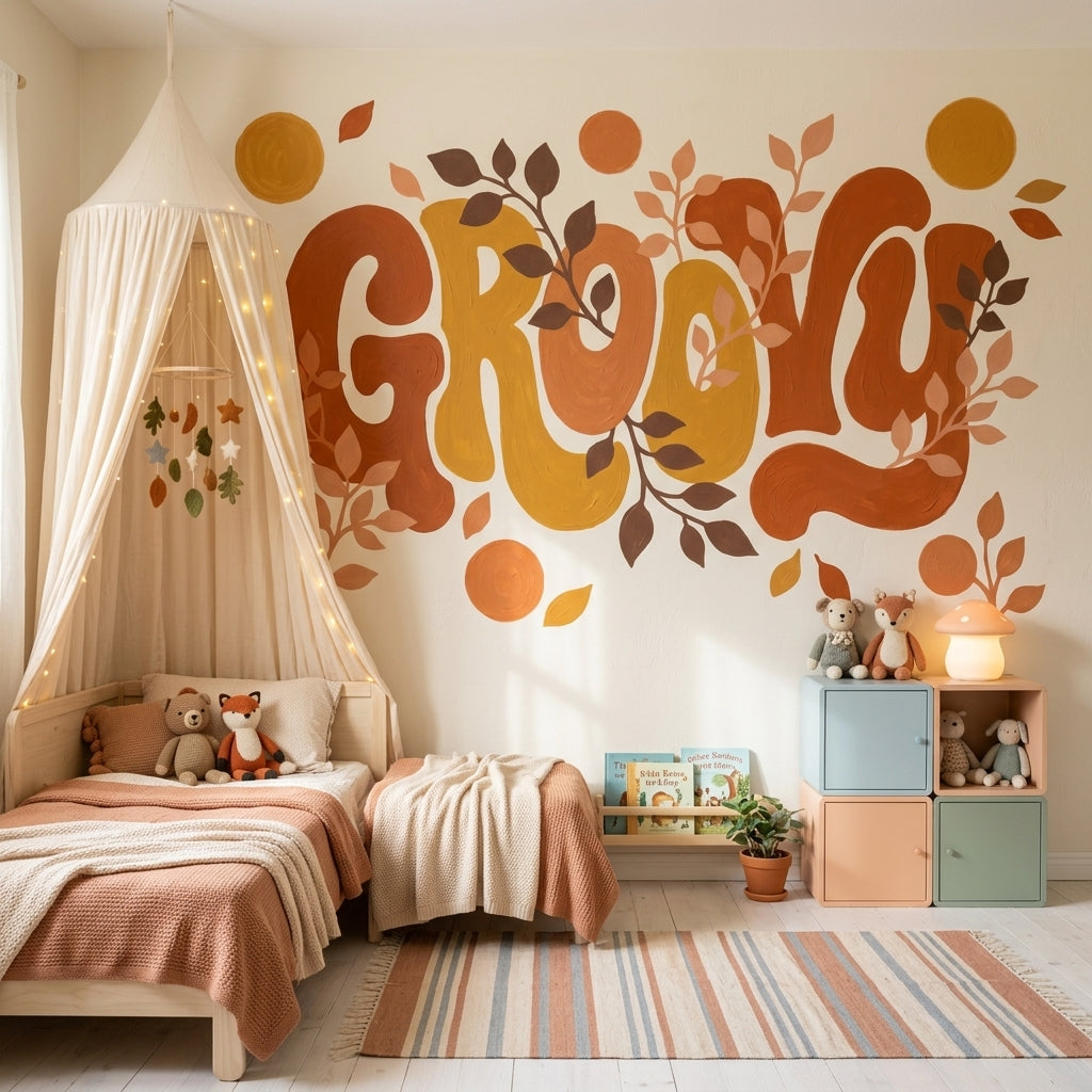 Typography Wallpaper Grow Quote Botanical Leaves Removable Wall Decor