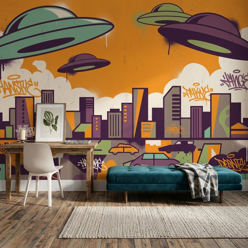 UFOs Wallpaper Urban Skyline Removable Graffiti Street Art Wall Decor