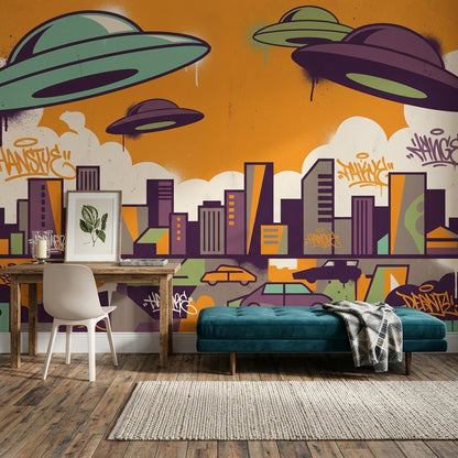 UFOs Wallpaper Urban Skyline Removable Graffiti Street Art Wall Decor