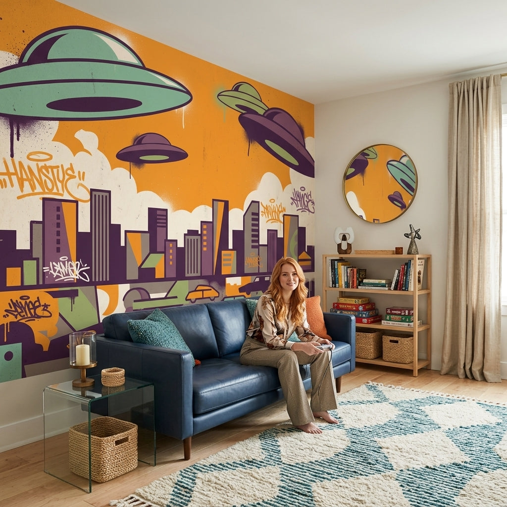 UFOs Wallpaper Urban Skyline Removable Graffiti Street Art Wall Decor
