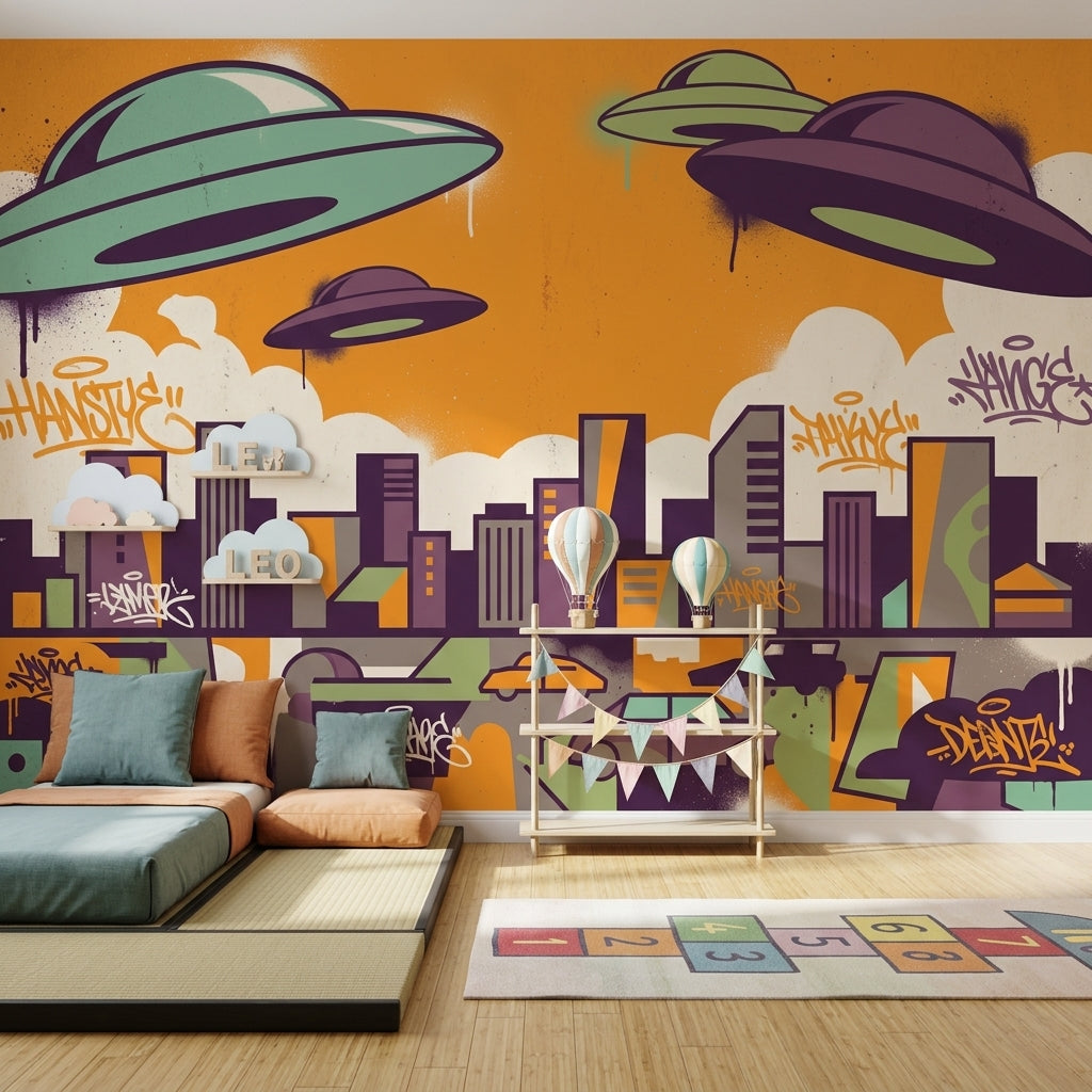 UFOs Wallpaper Urban Skyline Removable Graffiti Street Art Wall Decor