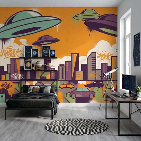 UFOs Wallpaper Urban Skyline Removable Graffiti Street Art Wall Decor