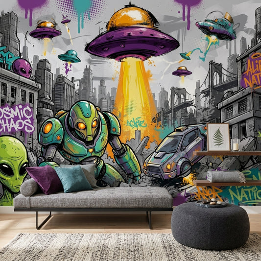 Alien Invasion Wallpaper UFO Graffiti Street Art Wall Mural