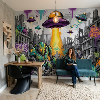 Alien Invasion Wallpaper UFO Graffiti Street Art Wall Mural