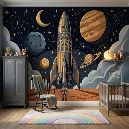 Rocket Ship Wallpaper Dark Space Removable Astronaut Wall Decor
