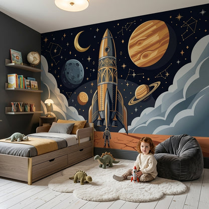 Rocket Ship Wallpaper Dark Space Removable Astronaut Wall Decor