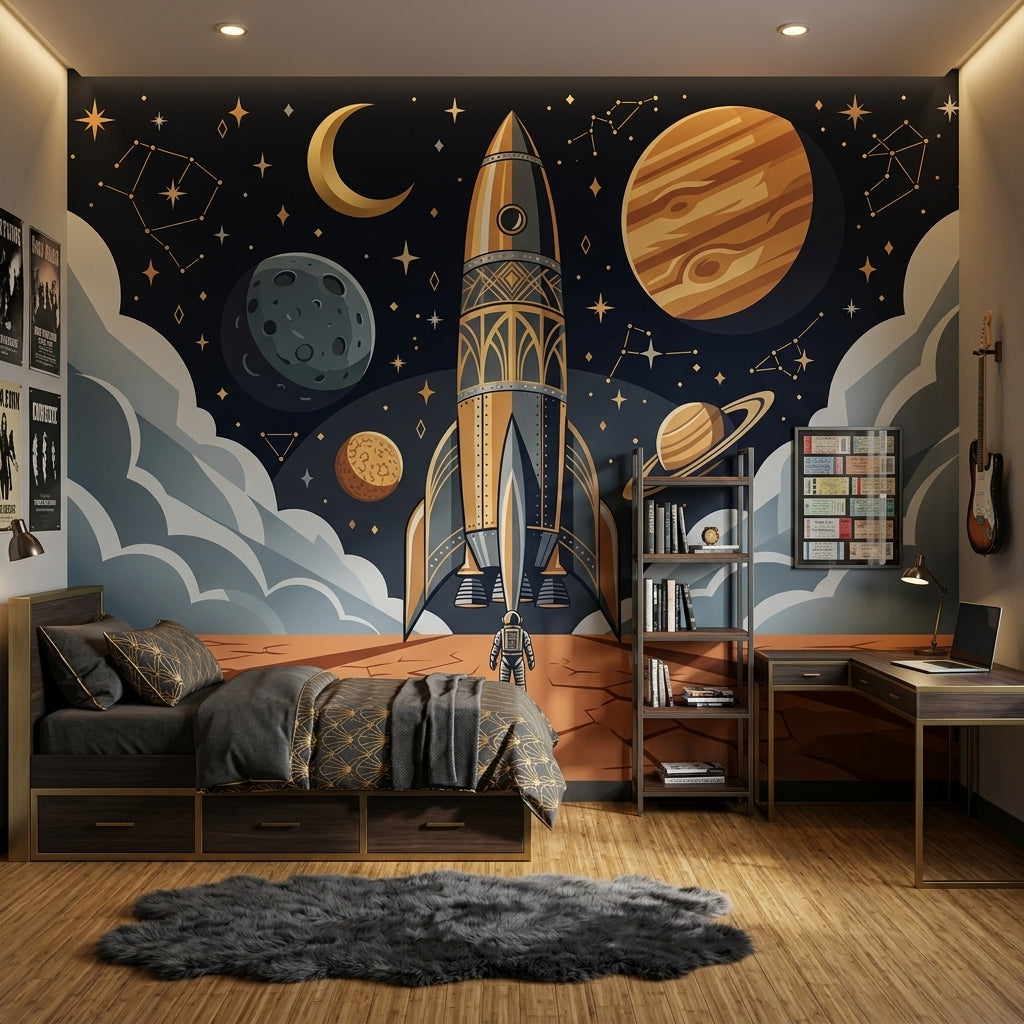 Rocket Ship Wallpaper Dark Space Removable Astronaut Wall Decor